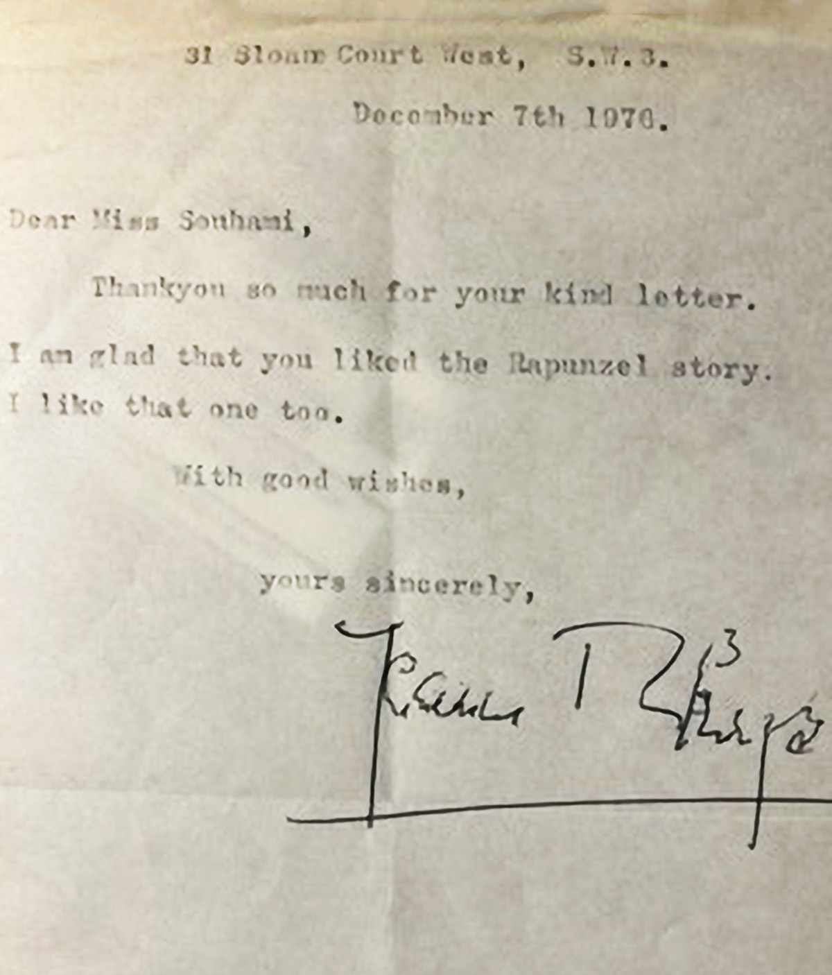 Letter from Jean Rhys